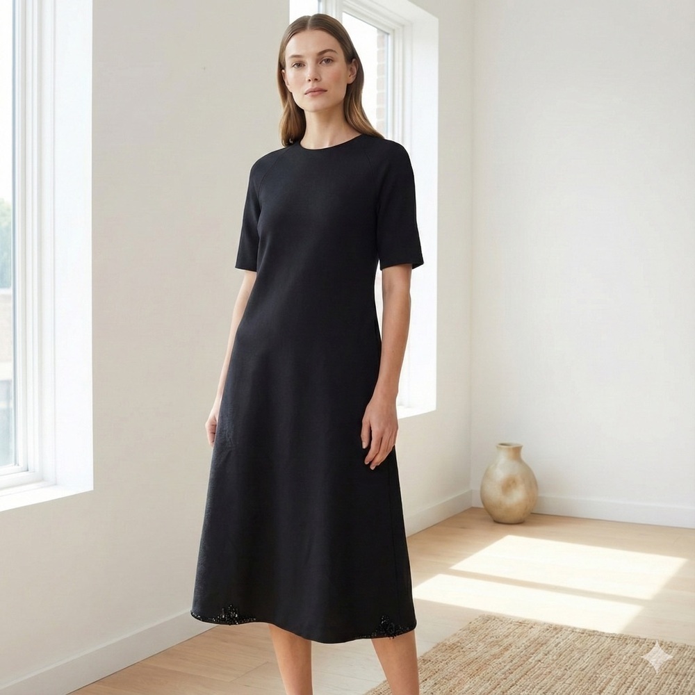 Max Mara black jersey a-line midi dress with beaded embellished hem - Small
